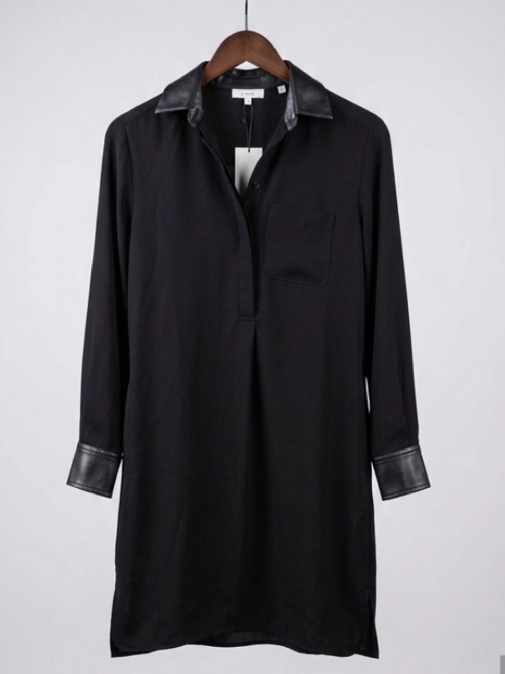 VINCE SHIRTDRESS BLACK FAUX LEATHER TRIM DESIGNER SIZE XS FEMININE